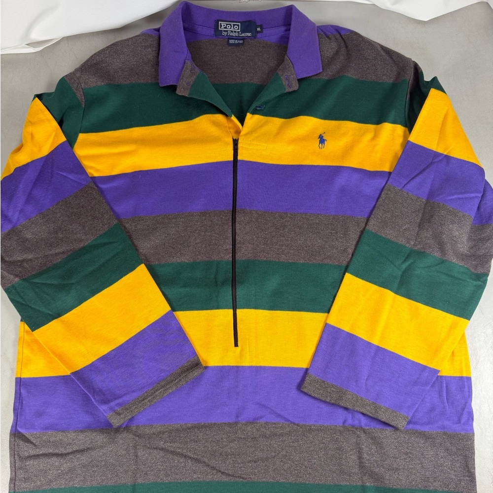 Rare VTG Polo Ralph Lauren XL Mardi Gras Striped Polo/Rugby Hybrid Shirt